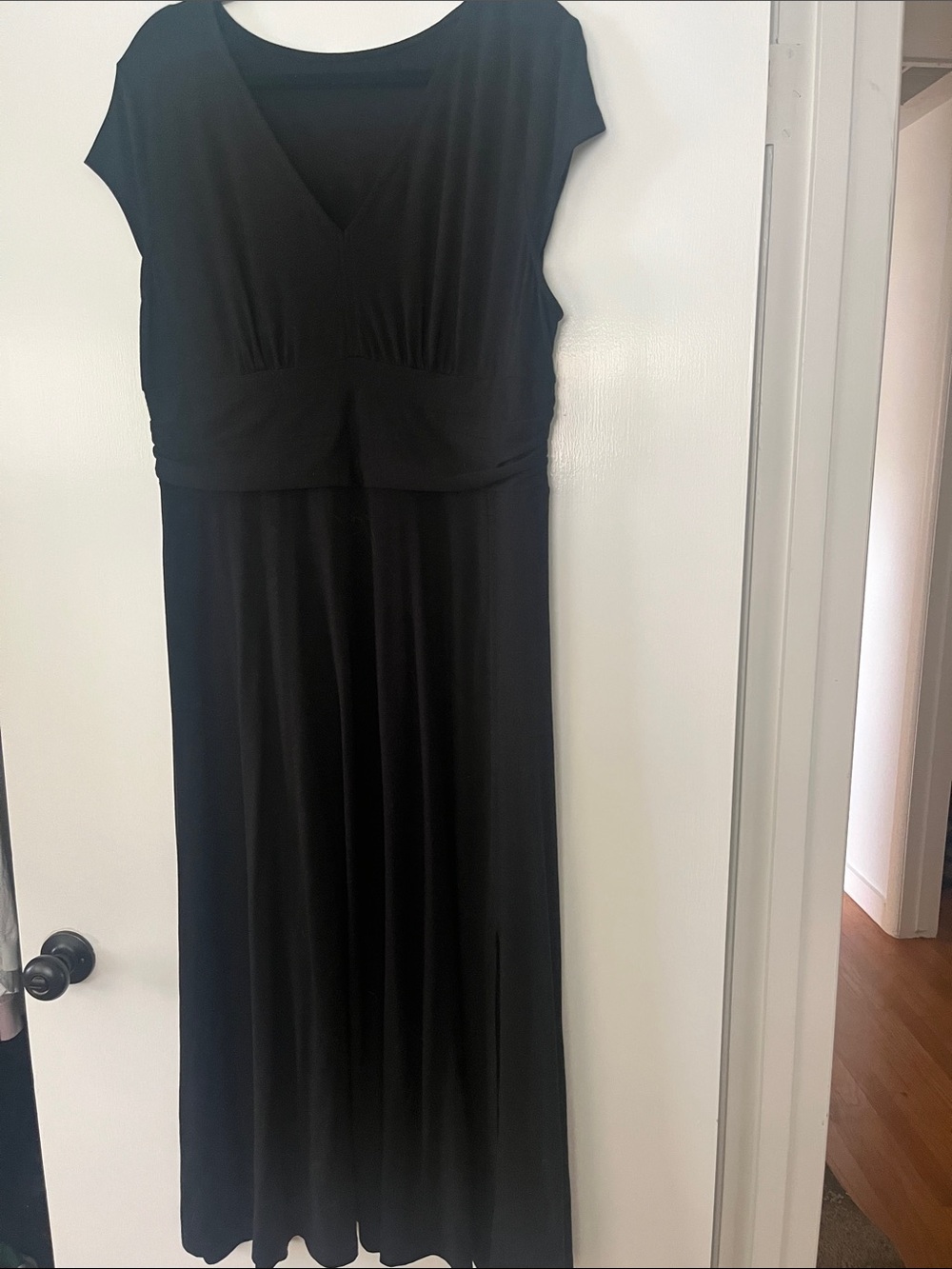 Women's Black Jersey Maxi Dress with V-Neck and Empire Waist